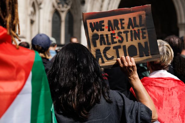 Protesters demonstrate outside the High Court as Palestine Action challenges proscription on July 4, 2025