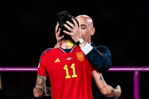 President of the Royal Spanish Football Federation Luis Rubiales (R) kisses Jennifer Hermoso of Spain (L) during the medal ceremony of FIFA Women's World Cup Australia & New Zealand 2023