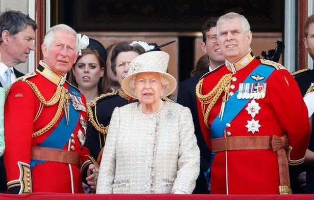 King Charles, the late Queen and Prince Andrew at Trooping The Colour 2019