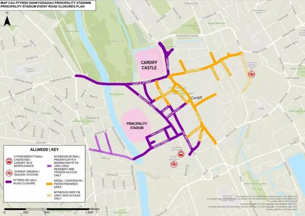 A map by Cardiff Council shows all the road closures that will be implemented
