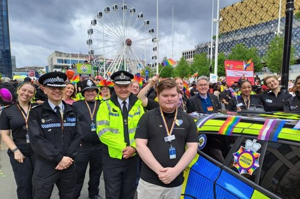 Police chief constable Craig Guildford and force police and crime commissioner Simon Foster, Labour, with LGBTQ officers and allies at Birmingham Pride 2025. The force is not welcome next year.