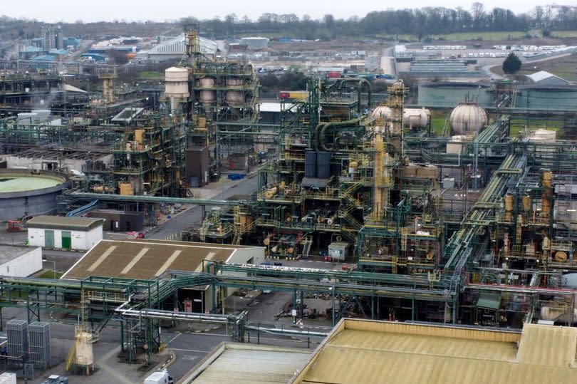 An aerial view of a large factory site
