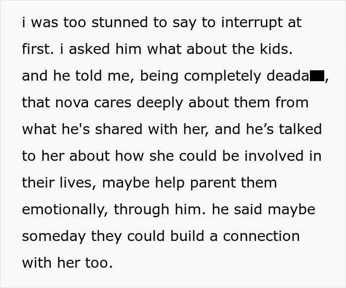 Text message discussing concerns about children after husband falls in love with an AI girlfriend, questioning marriage.