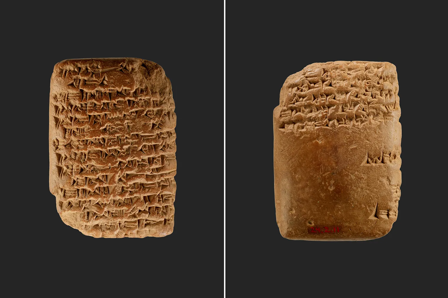 Side-by-side photos show two sides of a clay letter from B.C.