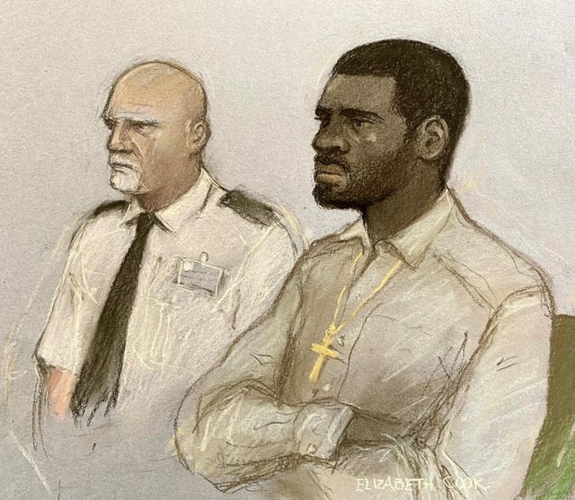 Court artist drawing by Elizabeth Cook of Yostin Andres Mosquera (right). 
