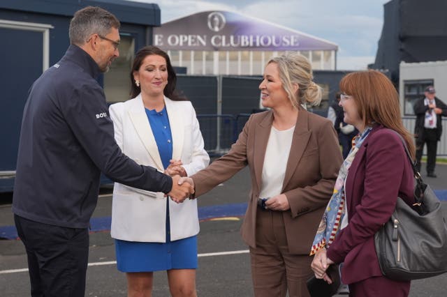 R&A chief executive Mark Darbon speaking to deputy First Minister Emma Little-Pengelly, First Minister Michelle O’Neill and Minister for the Economy Caoimhe Archibald