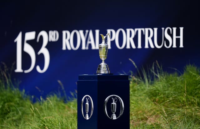 The Claret Jug trophy by the 1st tee during day four of The 153rd Open Championship at Royal Portrush in County Antrim