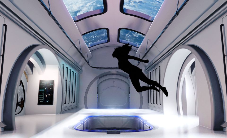 Illustration of a person floating in a futuristic space station.