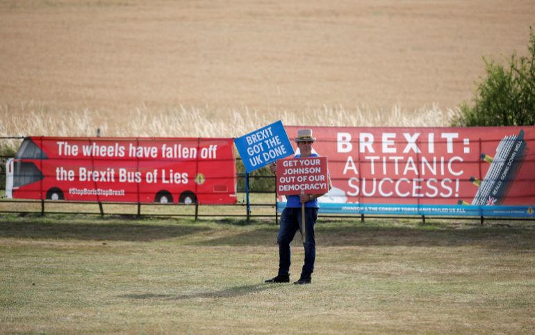 Anti-Brexit demonstrator Steve Bray protests near Chequers, the official country residence of the Prime Minister, near Aylesbury in Buckinghamshire Britain
