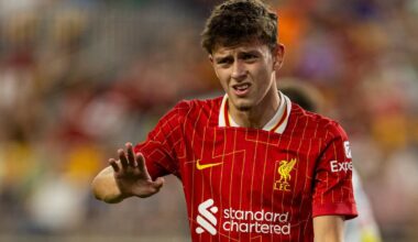 PITTSBURGH - Friday, July 26, 2024: Liverpool's Owen Beck during a pre-season friendly match between Liverpool and Real Betis Balompié at the Acrisure Stadium on day three of the club's pre-season tour of the USA. Liverpool won 1-0. (Photo by David Rawcliffe/Propaganda)