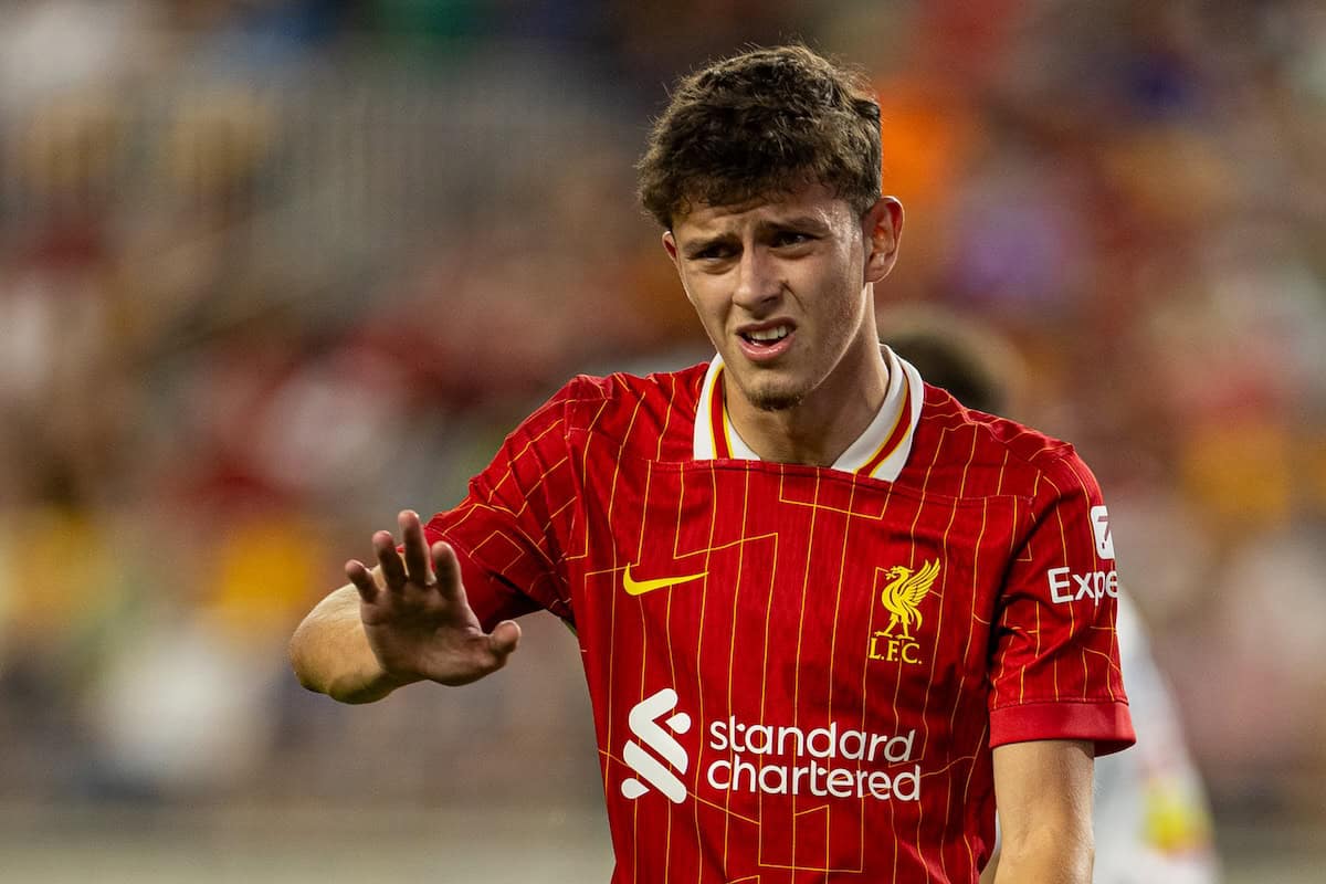 PITTSBURGH - Friday, July 26, 2024: Liverpool's Owen Beck during a pre-season friendly match between Liverpool and Real Betis Balompié at the Acrisure Stadium on day three of the club's pre-season tour of the USA. Liverpool won 1-0. (Photo by David Rawcliffe/Propaganda)