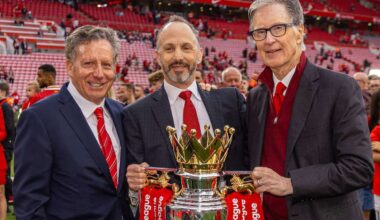 LIVERPOOL, ENGLAND - Sunday, May 25, 2025: Liverpool's co-owner and NESV Chairman Tom Werner, Director Michael Gordon, and owner John W. Henry with the trophy, as the team celebrate becoming Champions for the 20th time, after the FA Premier League match between Liverpool FC and Crystal Palace FC at Anfield. (Photo by David Rawcliffe/Propaganda)