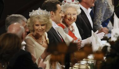 Queen Elizabeth II hosts a state banquet at Windsor Castle in honor of President Nicolas Sarkozy of France on March 26, 2008 (Matt Dunham/PA Images/Alamy)