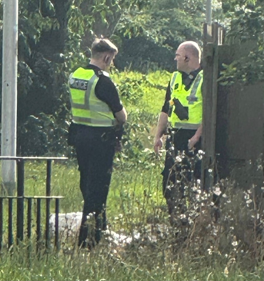 Two police officers in high-visibility vests talking outdoors.