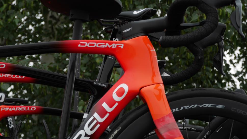 orange, red and black pinarello road bike head tube