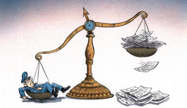 Illustration of a giant set of scales, on one side is a sleeping police officer, the other is a stack of papers overflowing, the policeman is heavier