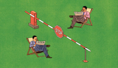 Illustration of two men sitting in deck chairs on opposite sides of a barrier gate with a "STOP" sign in the middle. One man is reading The Wall Street Journal, and the other is reading The Times of India.