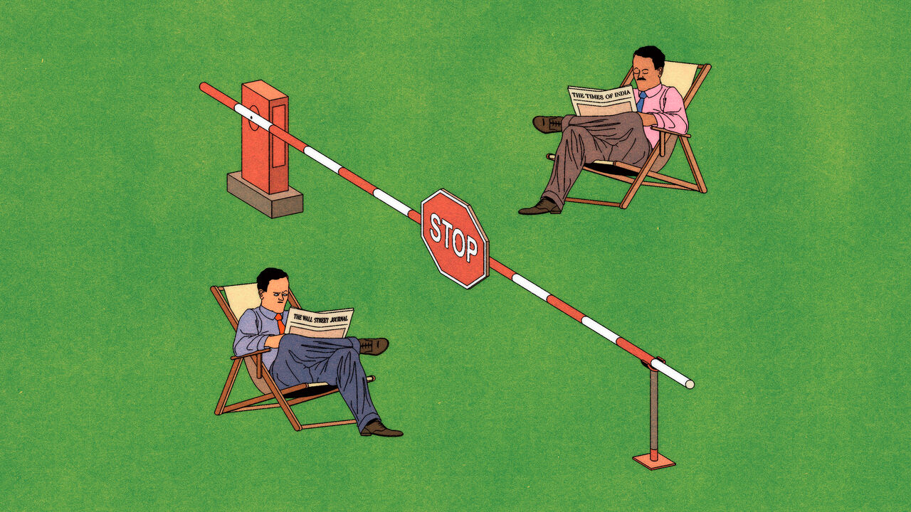 Illustration of two men sitting in deck chairs on opposite sides of a barrier gate with a "STOP" sign in the middle. One man is reading The Wall Street Journal, and the other is reading The Times of India.