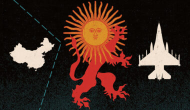 Illustration of a British lion with a face made of the Argentinian sun, facing away from China and towards a F-16 fighter jet