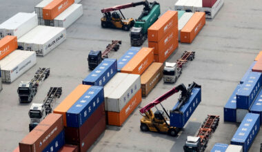 Cranes and shipping containers at a port in Pyeongtaek, South Korea