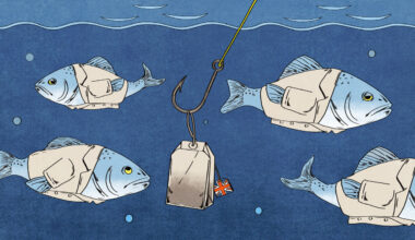 An illustration of a tea bag on a fishing hook underwater surrounded but disinterested fish wearing white lab coats.