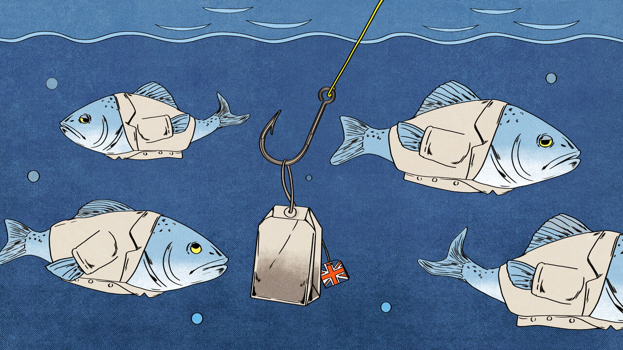 An illustration of a tea bag on a fishing hook underwater surrounded but disinterested fish wearing white lab coats.