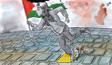 Illustration of a woman carrying a Palestine flag stepping over a Stolpersteine