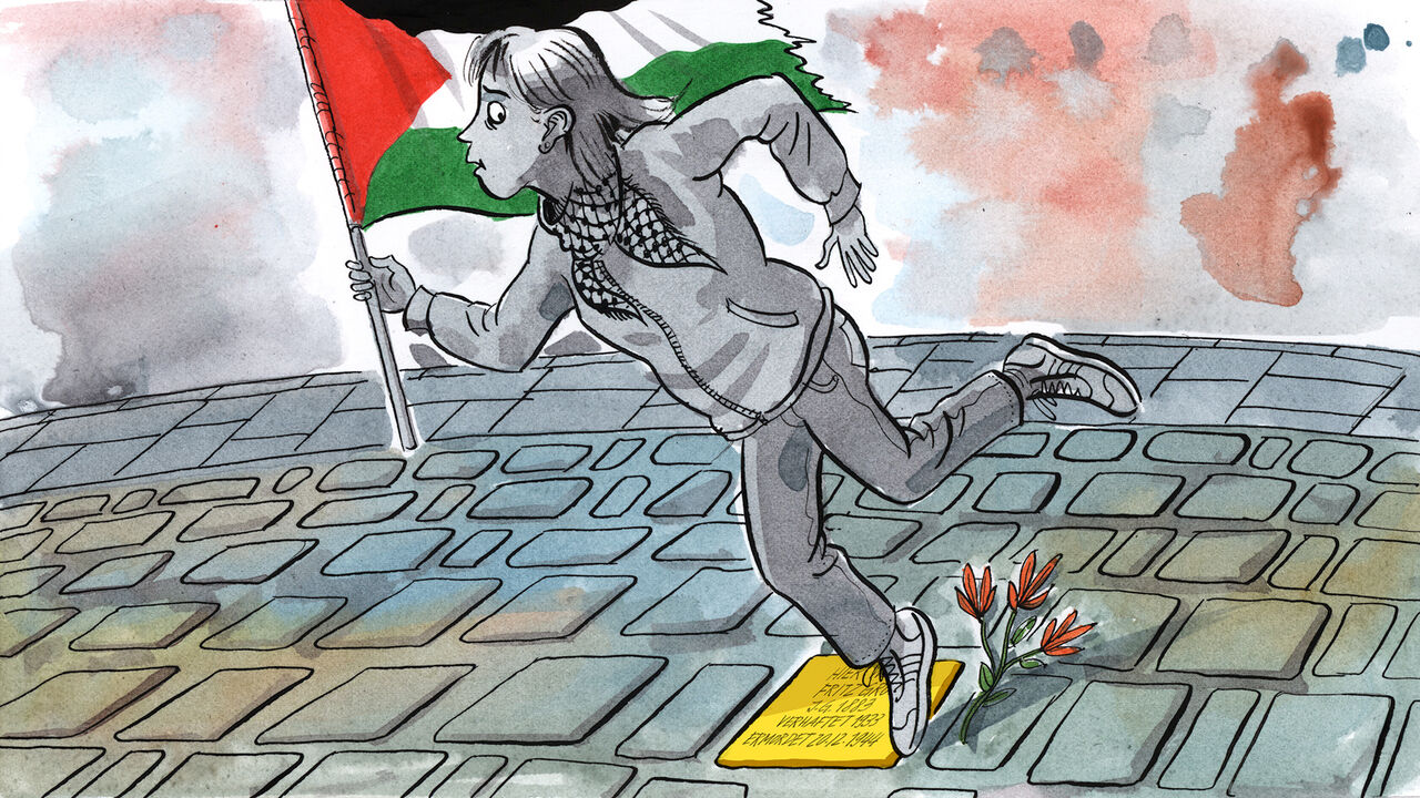 Illustration of a woman carrying a Palestine flag stepping over a Stolpersteine