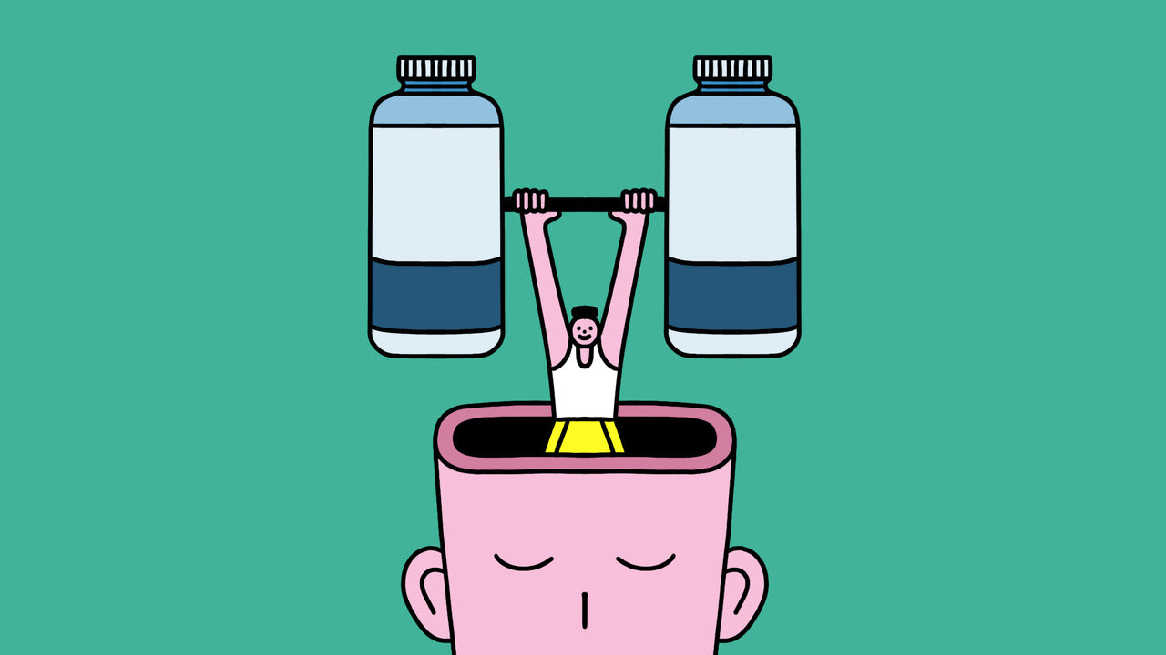 A person lifting a bar bell with two tubs of creatine as the weights. They're emerging from a larger person's head.