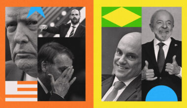 The illustration is showing Donald Trump, on the left on an orange background, with Eduardo Bolsonaro pointing down at Jair Bolsonaro, on the right we have lula da silva and Alexandre de Moraes on a yellow background