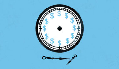 illustration of a clock with dollar signs for hours and clock hands that have fallen off, lying beneath the face on a blue background