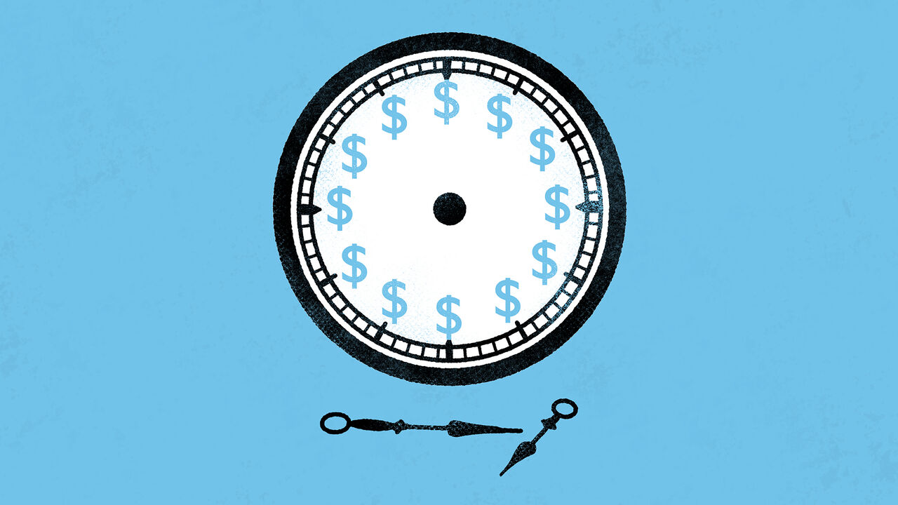 illustration of a clock with dollar signs for hours and clock hands that have fallen off, lying beneath the face on a blue background