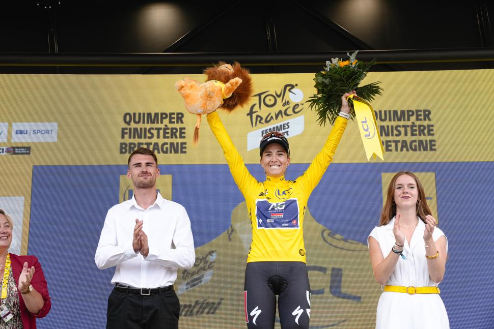 Kim Le Court in the yellow jersey, stage 2, 2025 Tour de France Femmes