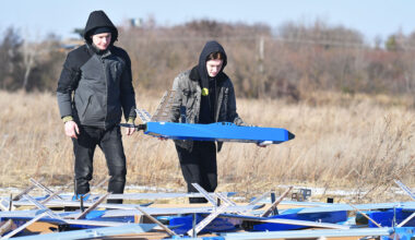 Members of Kozytskyi Charity Foundation stand amid Besomar interceptor drones on February 21, 2025 in Lviv Oblast, Ukraine