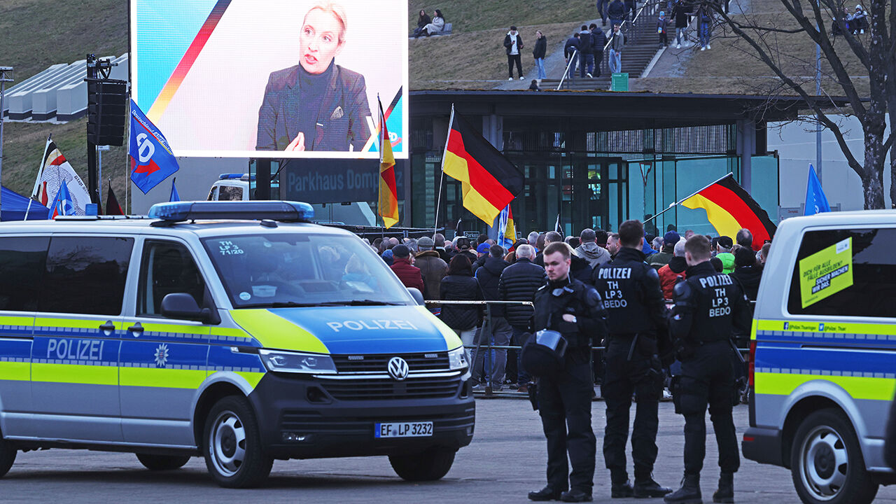 AfD chancellor candidate Alice Weidel is seen on a video monitor during an election campaign rally of the far-right Alternative for Germany (AfD)