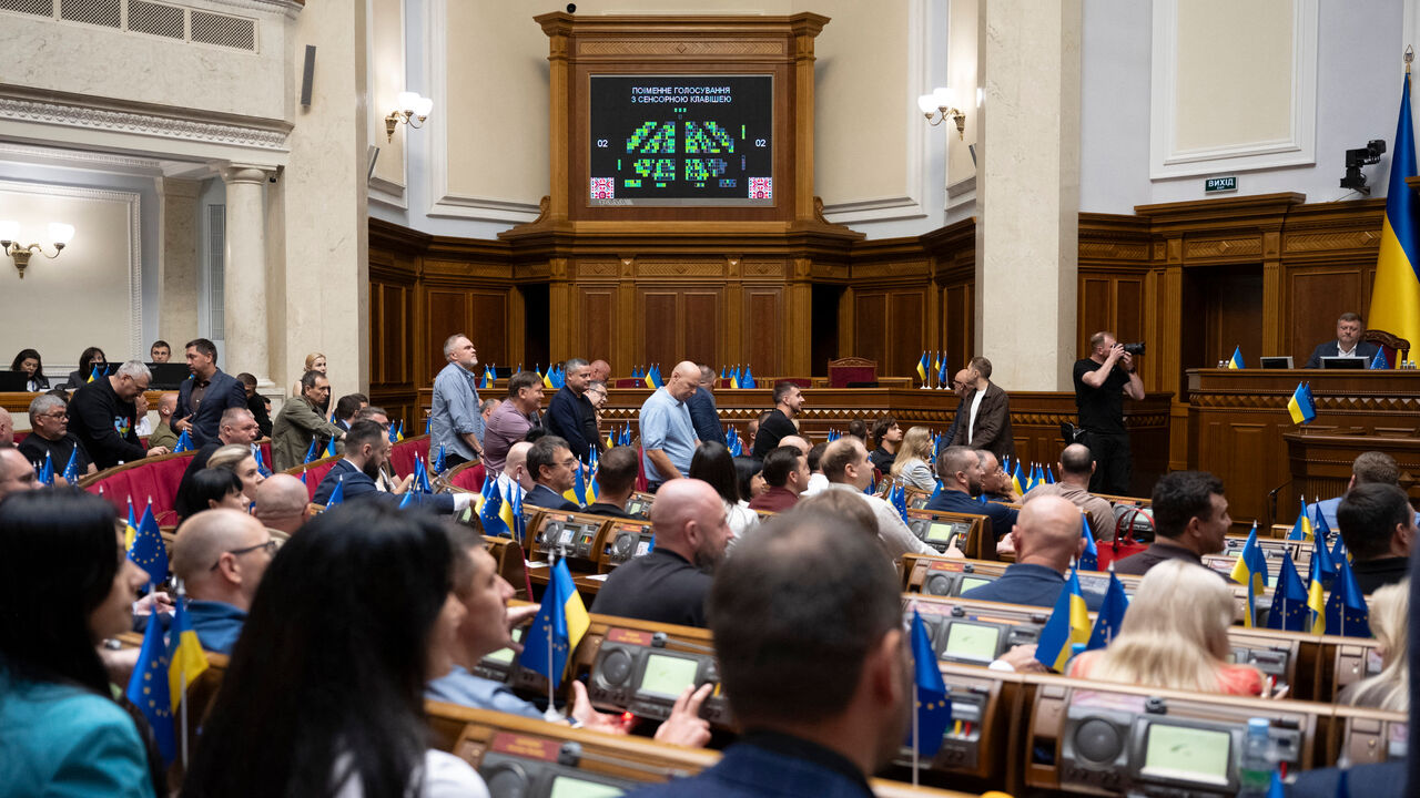 Ukrainian lawmakers vote on a bill in Ukraine's parliament to replace a law that curbed the powers of anti-graft bodies in Kyiv, Ukraine.