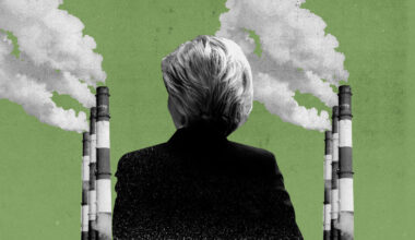 A photo illustration showing the back of Ursula von der Leyen, with smokestacks billowing in the background—symbolizing the EU’s shift toward more pragmatic, industry-friendly green policies.