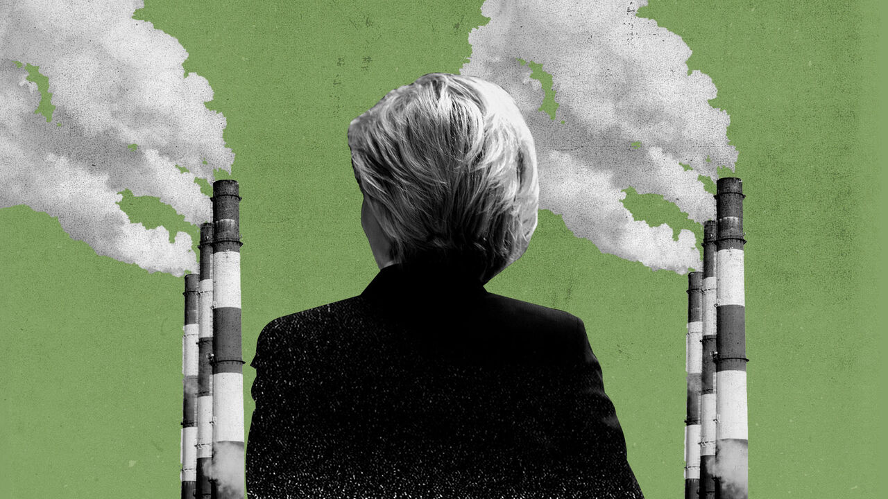 A photo illustration showing the back of Ursula von der Leyen, with smokestacks billowing in the background—symbolizing the EU’s shift toward more pragmatic, industry-friendly green policies.