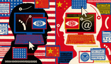 The image shows the U.S. and China spying on each other through computers, symbolizing cyber conflict and digital surveillance.