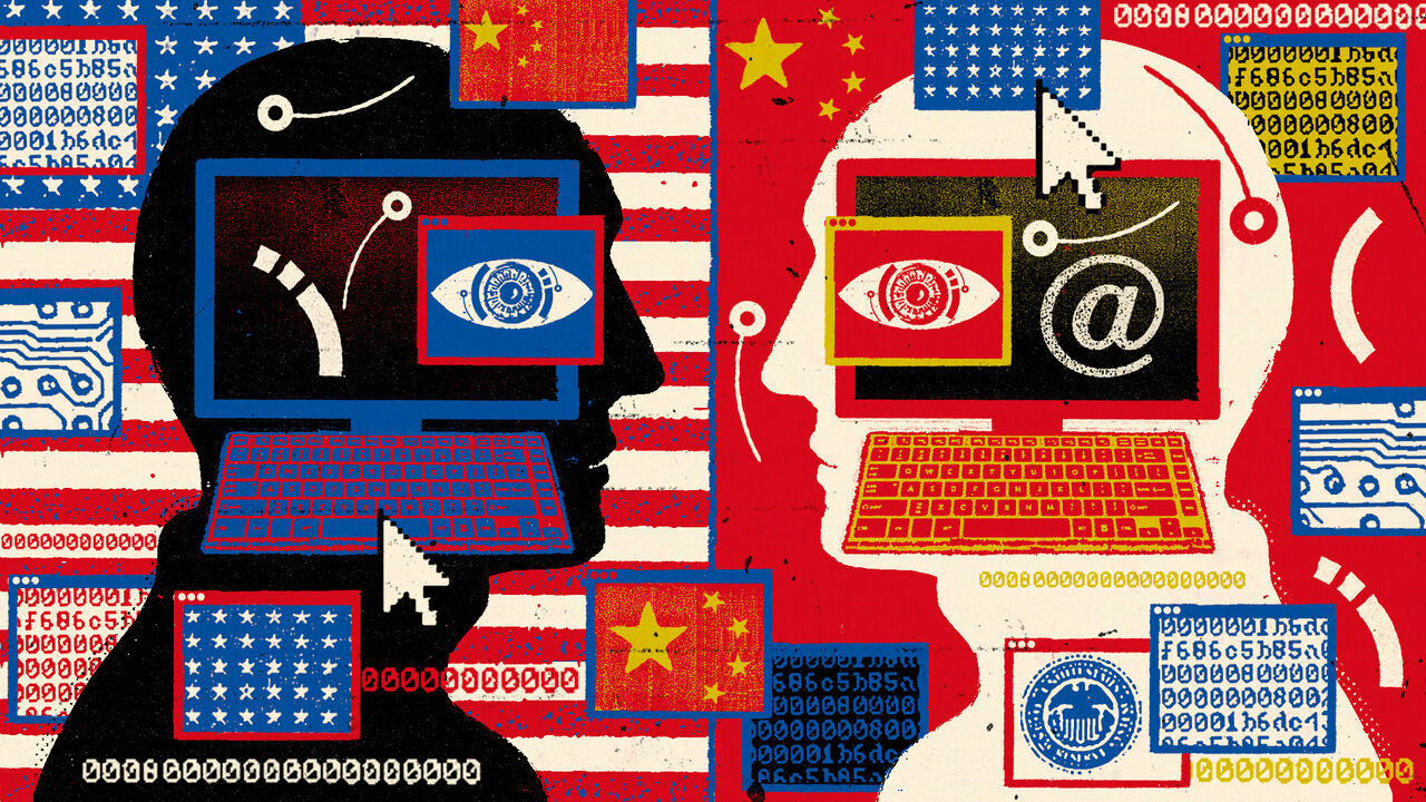 The image shows the U.S. and China spying on each other through computers, symbolizing cyber conflict and digital surveillance.