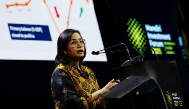 Finance Minister Sri Mulyani Indrawati delivers her speech on Feb. 11 during the Mandiri Investment Forum 2025 at the Fairmont Jakarta in Tanah Abang, Central Jakarta.