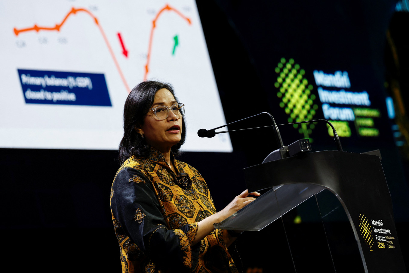 Finance Minister Sri Mulyani Indrawati delivers her speech on Feb. 11 during the Mandiri Investment Forum 2025 at the Fairmont Jakarta in Tanah Abang, Central Jakarta.