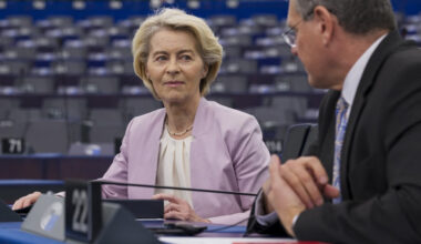 European Commission President Ursula von der Leyen (left) speaks with EU Commissioner for Trade and Economic Security, Interinstitutional Relations and Transparency Maros Sefcovic during a plenary session at the European Parliament in Strasbourg, France, on July 9, 2025.