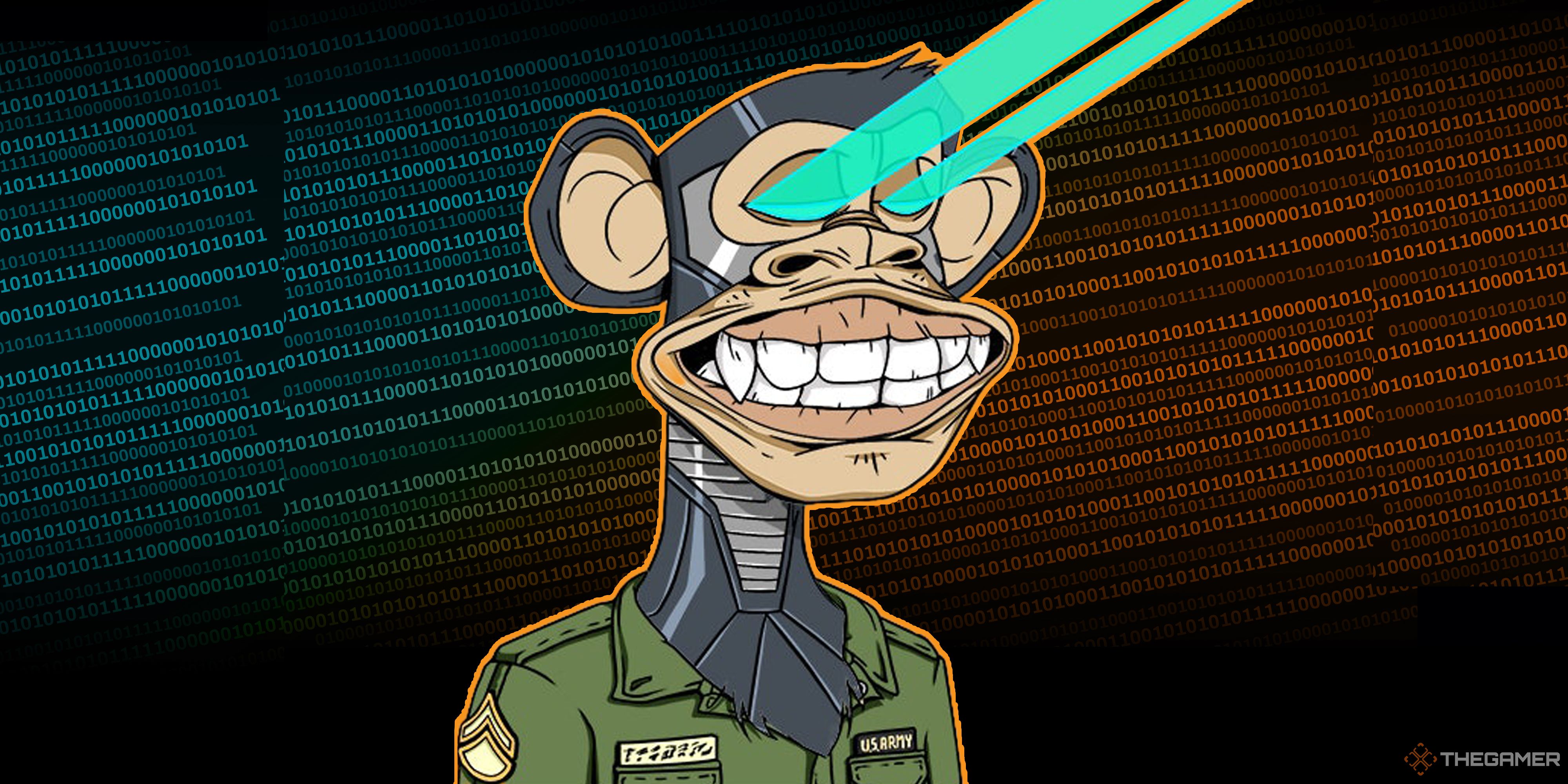 A Bored Ape Yacht Club ape with lasers coming out of its eyes. The background is a wall of code.