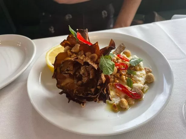 Carciofo alla giudia, smoked ricotta, hazelnuts, chilli honey and mint