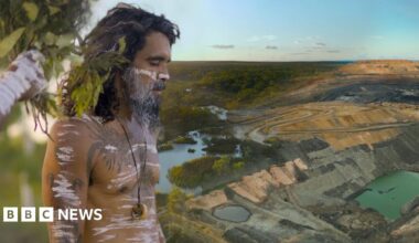 Image of Coedie McAvoy performing a spiritual ceremony, overlaid on a drone shot of Doongmabulla Springs