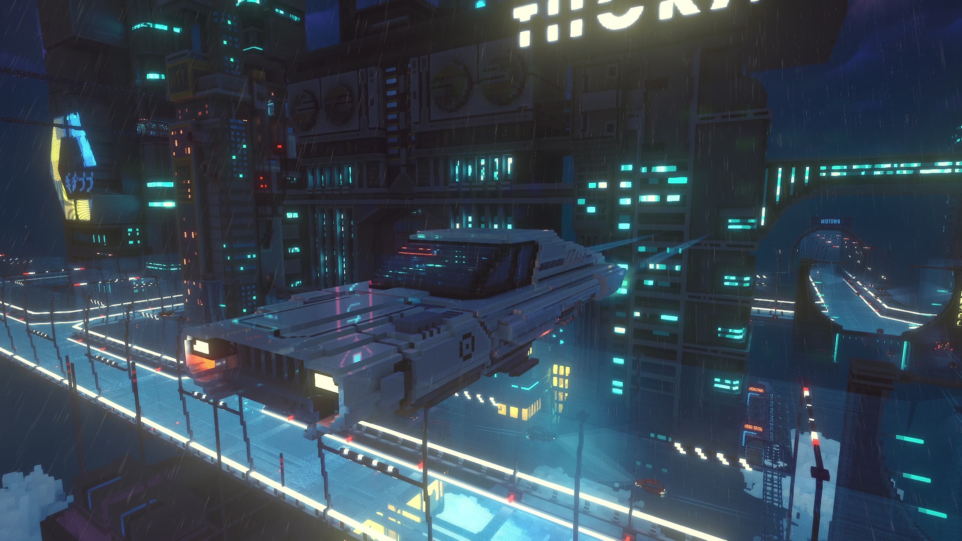 A slick hovercar drives through a cyberpunk sky