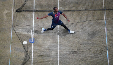 Jofra Archer bowls during a net session at Old Trafford