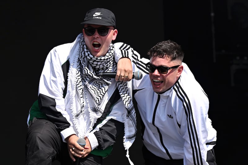 Kneecap's Mo Chara and Móglaí Bap during day four of Glastonbury festival 2025. Photograph: Leon Neal/Getty Images