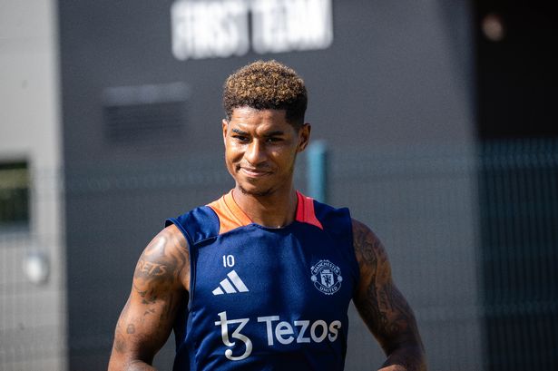 MANCHESTER, ENGLAND - AUGUST 31: (EXCLUSIVE COVERAGE) Marcus Rashford of Manchester United in action during a first team training session at Carrington Training Ground on August 31, 2024 in Manchester, England. (Photo by Ash Donelon/Manchester United via Getty Images)